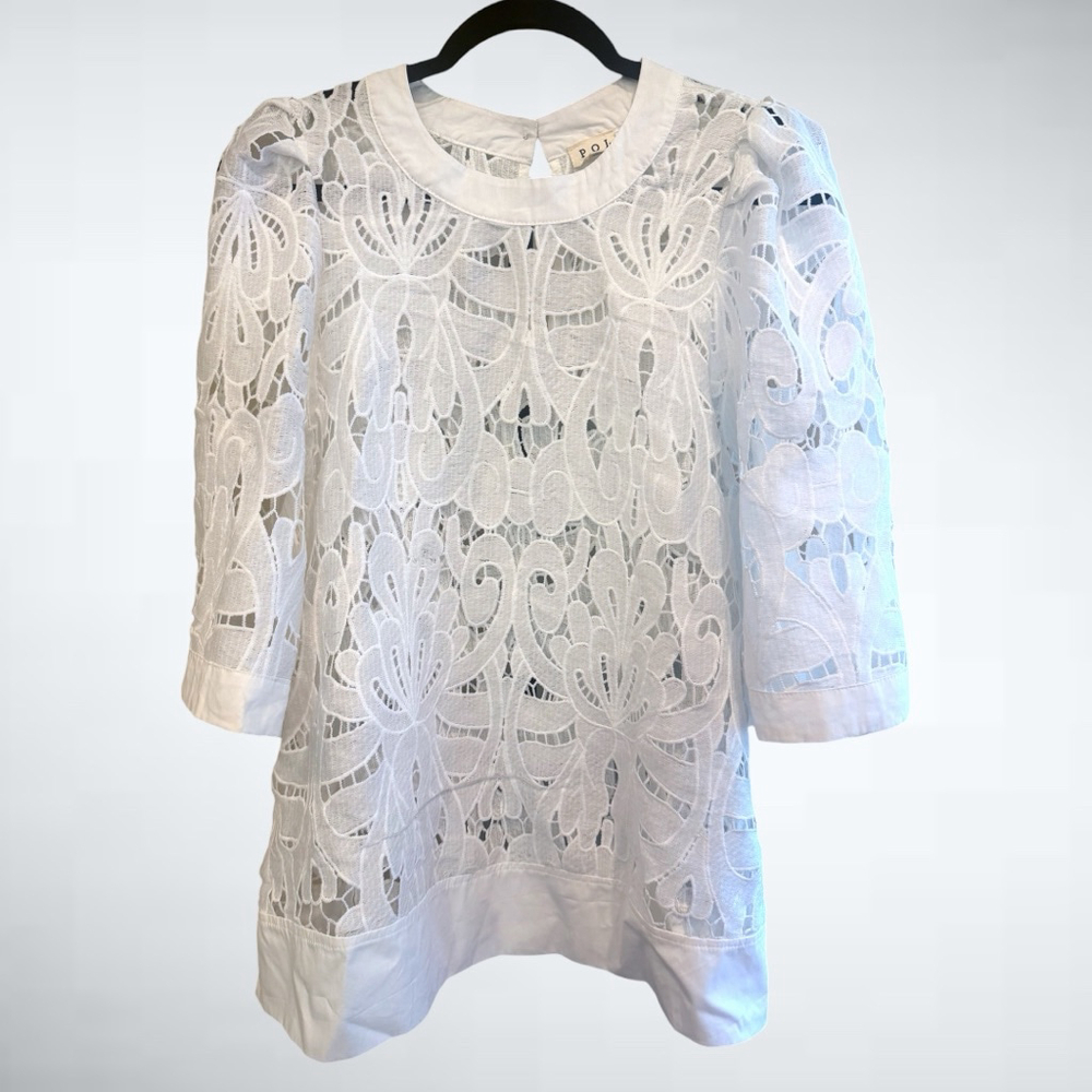 POL Oversized Eyelet Short Sleeve Top in White Size S